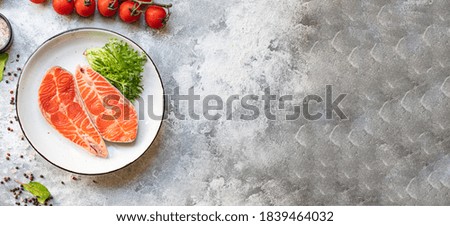 salmon raw fish red steak fillet diet seafood copy space for text food background rustic