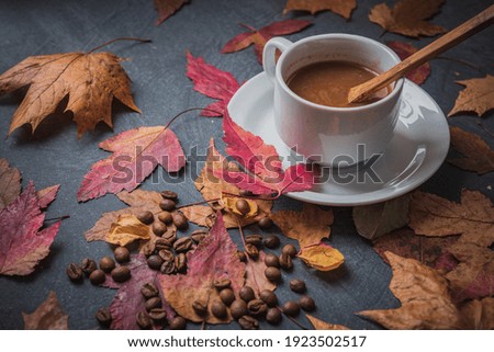 Still life- autumn motif. Breakfast- cup of coffee is on the table. Set of dishes and sweets
