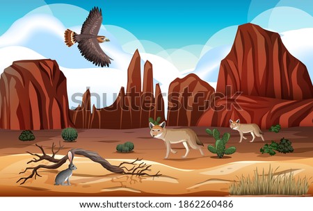 Desert with rock mountains desert animals landscape at day scene illustration