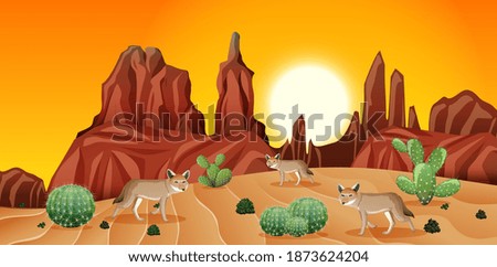 Desert with rock mountains and coyote landscape at sunset scene illustration