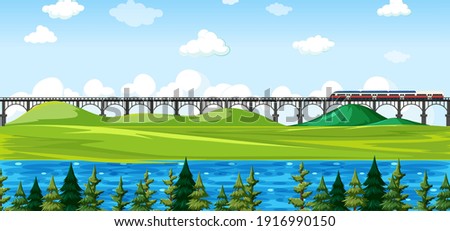 City nature park with train on skyline landscape scene illustration
