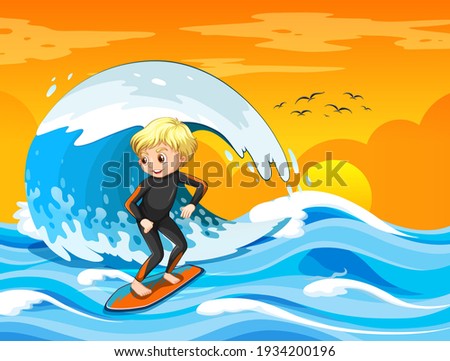 Big wave in the ocean scene with boy standing on a surf board illustration