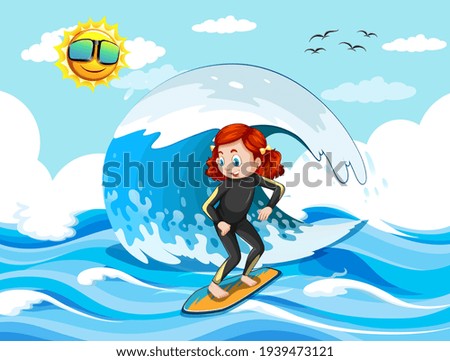 Big wave in the ocean scene with girl standing on a surf board illustration