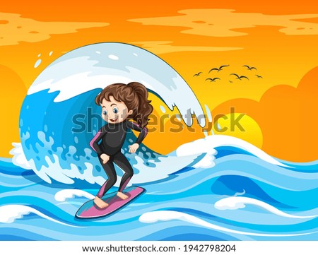 Big wave in the ocean scene with girl standing on a surf board illustration