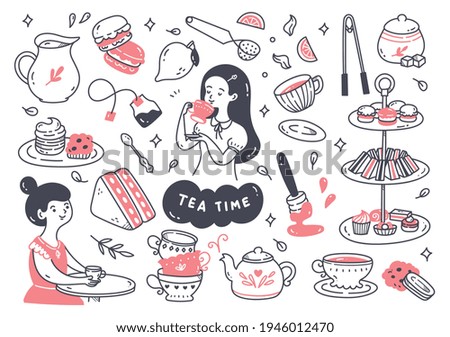Tea time doodle line art isolated on white