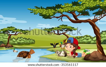 Girl and animals in the field illustration