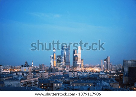 Blue Moscow city background skyline. Tourism and downtown concept