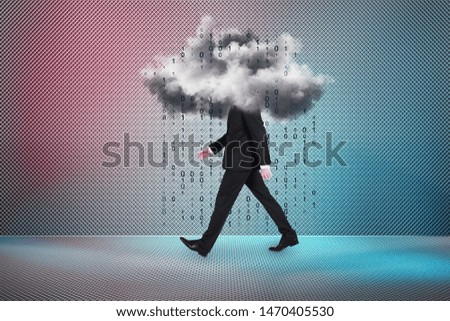 Side view of walking young businessman walking with abstract cloud on gradient background with binary code rain. Cloud computing concept