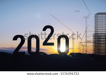 2020 new year text building construction background. 3D Rendering