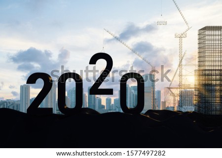 2020 new year text on Crane and building construction background. 3D Rendering