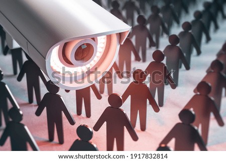 Total population control concept with CCTV videocam and small figures of people. 3D rendering