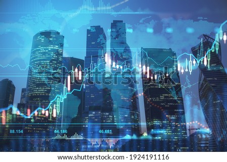 Stock market analysis chart with growing candlestick on digital screen at night city background. Double exposure