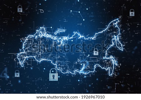 Network security concept with digital Russia map with locks at abstract dark background. 3D rendering