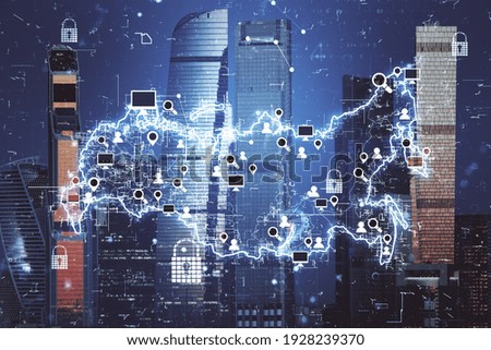People communication concept with digital Russia map with locks and social media icons on Moscow skyscrapers background. Double exposure