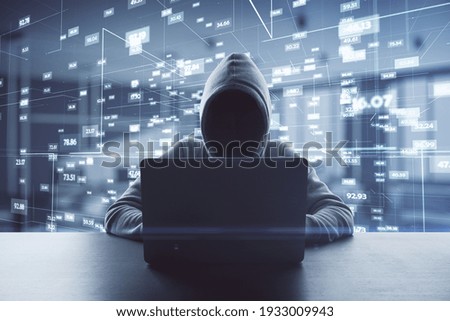 Big data personal information safety technology concept with noface hacker working with laptop at digital virtual space with statistic indicators background. Double exposure Imagine de stoc © 