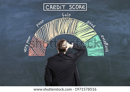 Credit score concept with pensive man back in front of chalkboard with credit score levels