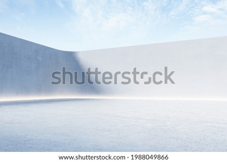 Blank open air presentation stage with glowing light between fence and floor and blue sky on background. 3D rendering, mock up