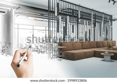 Before and after renovation contemporary office interior sketch. Repairs concept