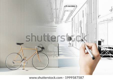 Before and after renovation modern office interior sketch. Repairs concept