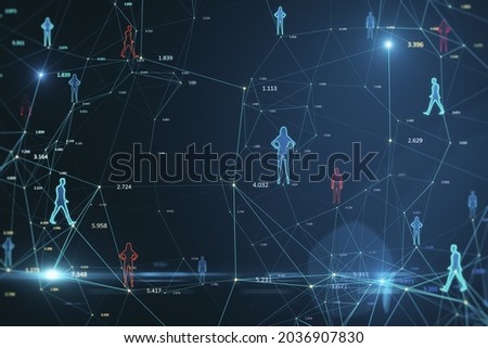 Creative glowing connected people icons on blue background. Population count and digital transformation concept. 3D Rendering