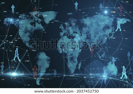 Creative glowing connected people icons on blue background with map. Population count and digital transformation concept. 3D Rendering