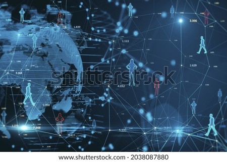 Creative glowing connected people icons on blue background with globe. Population count and digital transformation concept. 3D Rendering