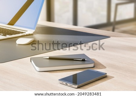 Gros plan sur un bloc-notes et un smartphone sur un bureau en bois de conception créative. Rendu 3D