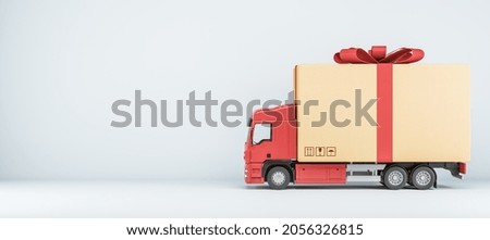 Truck delivering present on white background with mock up place for your advertisement. Shipping service and celebration concept. 3D Rendering