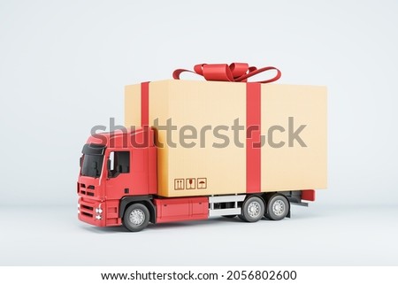 Truck delivering present on white background. Shipping service and celebration concept. 3D Rendering