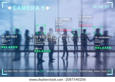Creative image of businesspeople in blurry office interior with camera cctv facial recognition interface. Biometric scanning and security concept. Double exposure.
