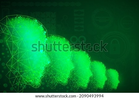 Creative gradient green polygonal head outline on dark background. Artificial intelligence and machine learning. 3D Rendering