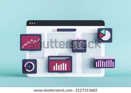 Abstract web browser page on light background with business chart icons. Online analytics and banking concept. 3D Rendering