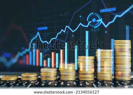 Creative image of growing coin stacks and candlestick forex chart on blurry background. Trade, money and financial growth concept. Double exposure