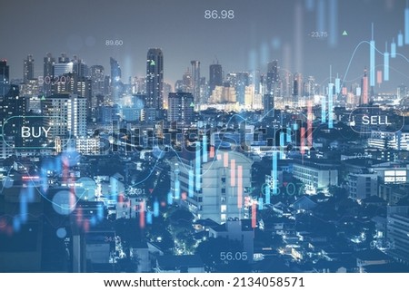 Creative glowing candlestick forex chart on blurry city texture. Finance growth and trade concept. Double exposure