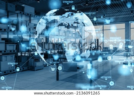 Abstract digital logistics, delivery and transportation hologram with globe and network on blurry warehouse background. Double exposure