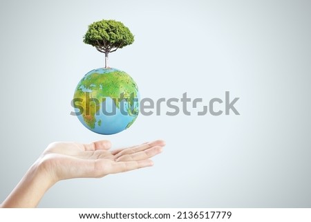 Close up of female hand holding abstract globe with tree on light background with mock up place. World, earth, ecology and planet concept