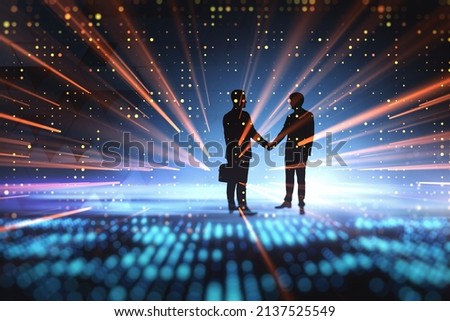 Abstract backlit businessmen shaking hands on abstract metaverse background. Teamwork and meeting concept. Double exposure