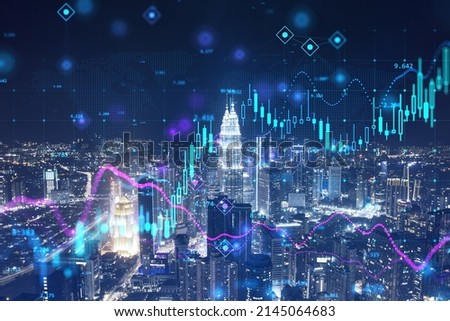 Creative glowing candlestick forex chart on illuminated night city background. Trade and stock concept