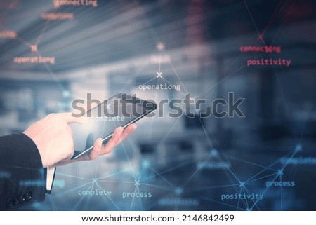 Close up of businessman hand using tablet with creative process stages mesh on blurry office interior background. Process, system and software concept. Double exposure