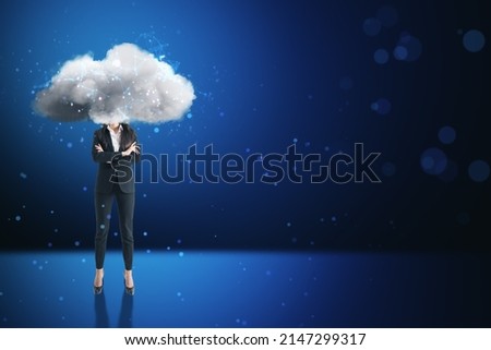 Cloud headed female in suit standing on abstract blue bokeh interior background with mock up place. Sky is the limit, motivation concept