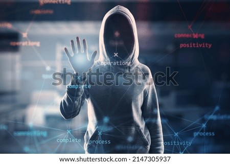 Hacker hand using creative process stages mesh hologram on blurry office interior background. Hacking, system and software concept. Double exposure