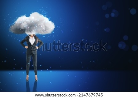 Cloud headed business woman in suit standing on abstract blue bokeh interior background with mock up place. Sky is the limit, motivation concept