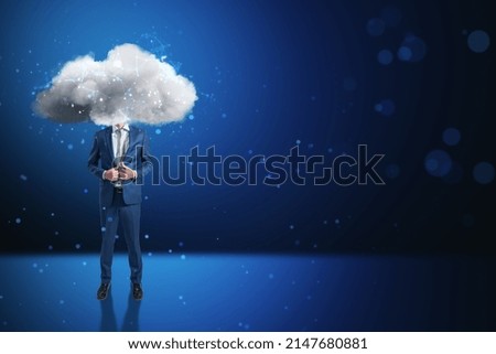 Cloud headed businessman in suit standing on abstract blue bokeh interior background with mock up place. Sky is the limit, motivation concept