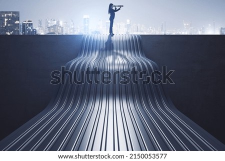 Side view of thoughtful young businesswoman with telescope standing on abstract wave staircase on city background. Career, success and growth concept