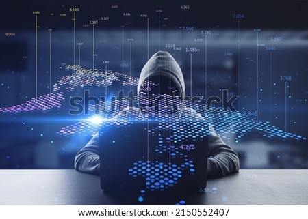 Front view of hacker using computers at desktop with abstract digital map and index lines on blurry interior background. Global infographic, hacking, theft, world and location concept. Double exposure
