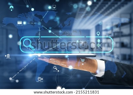 Close up of businessman hand holding tablet with creative search bar and digital blue map icons on blurry office interior background. Address and Url concept. Double exposure