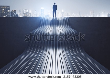 Back view of thoughtful young businessman standing on abstract wave staircase on city background. Career, success and growth concept