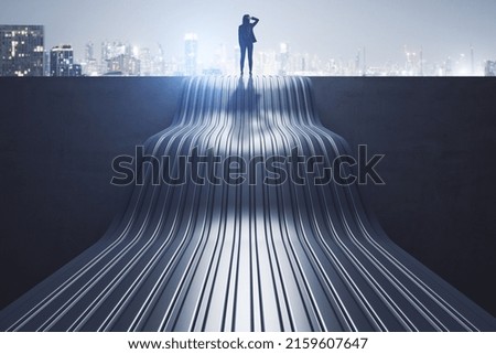 Back view of thoughtful young businesswoman standing on abstract wave staircase on city background. Career, success and growth concept