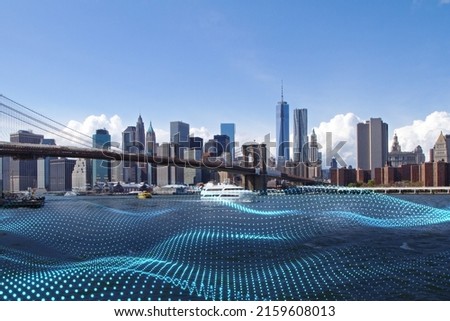 Urban city background with abstract polygonal wave waterfront mesh and daylight. Double exposure