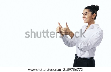 Like concept with happy young woman in white shirt holding thumbs up on white background with blank space for you logo, mock up